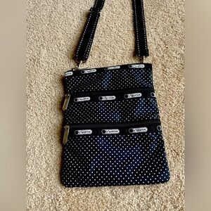 LeSportsac crossbody 3 Zip in black with white swiss dots.